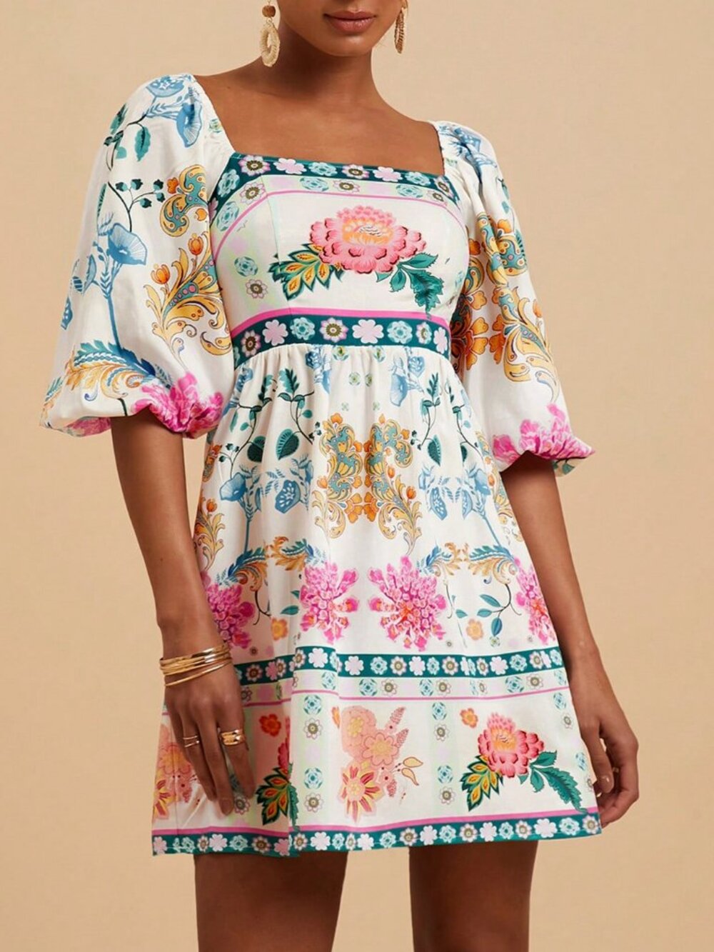 Multicolor Boho Women's Woven Print Short Sleeve V-Neck Mini Dress Festival